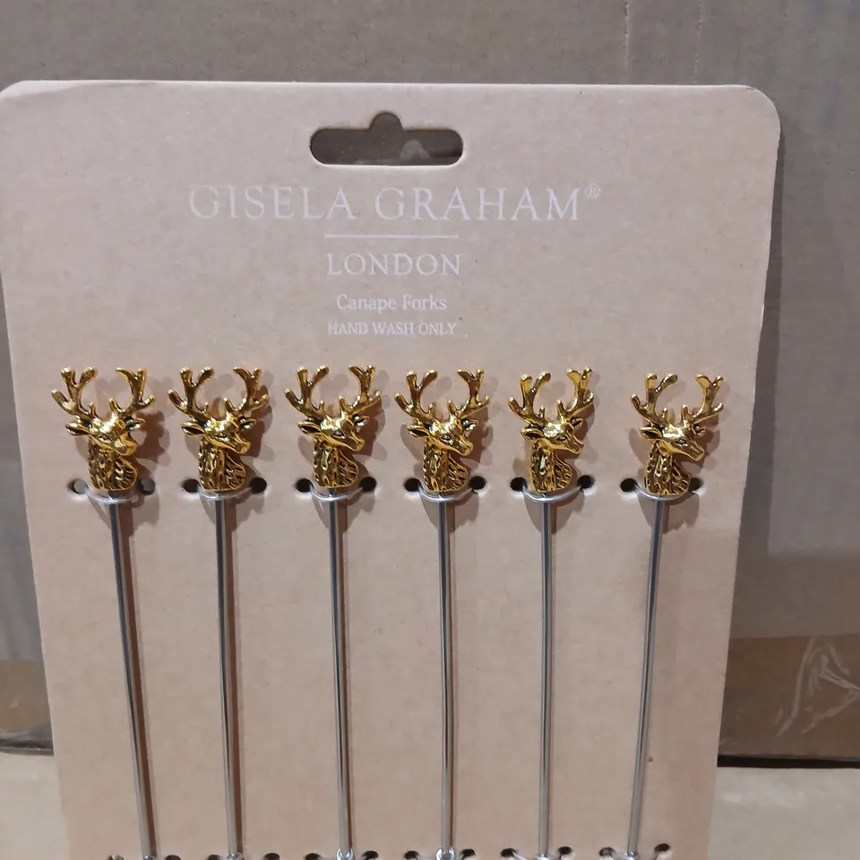 TWENTY FOUR GISELA GRAHAM LONDON CANAPE FORKS – SET OF 6 WITH DEER-HEAD TOPPERS
