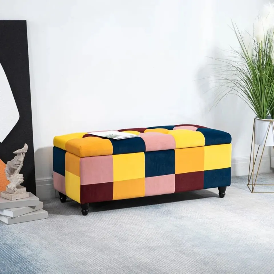 BOXED WORK 114CM VELVET RECTANGLE CHEQUERED STORAGE OTTOMAN - YELLOW/BLACK/PINK (1 BOX)