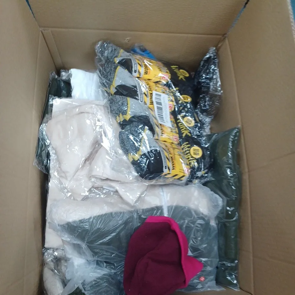 BOX OF ASSORTED CLOTHING ITEMS TO INCLUDE LINGERIE, LEGGINGS, TOPS ETC