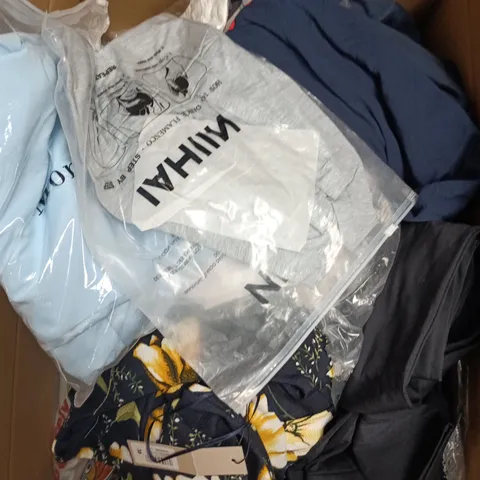 LARGE BOX OF APPROXIMATELY 25 ASSORTED CLOTHING ITEMS IN VARIOUS COLOURS, STYLES AND SIZES - COLLECTION ONLY