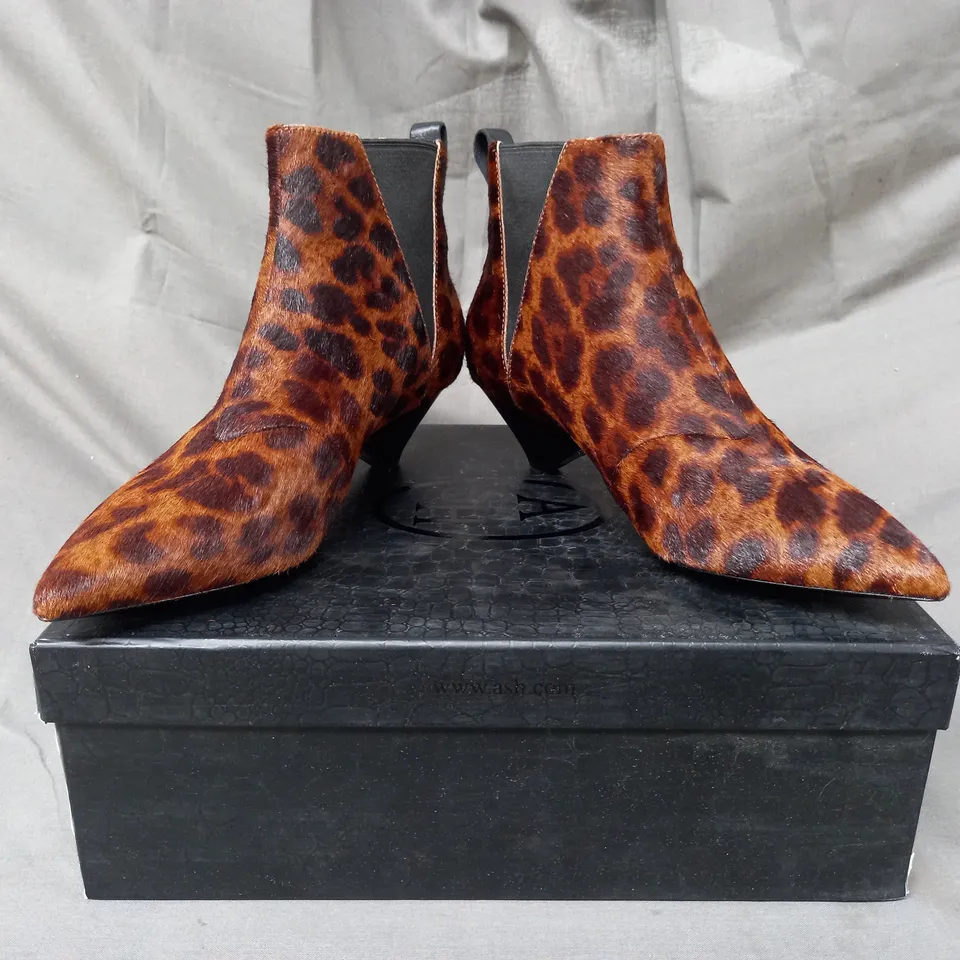 BOXED PAIR OF ASH COSMOS ANKLE BOOTS IN BROWN ANIMAL PRINT EU SIZE 37