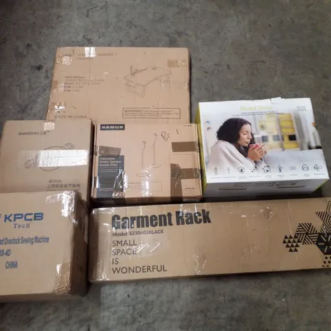 PALLET CONTAINING ASSORTED PRODUCTS INCLUDING BED TRAY TABLE, ADJUSTABLE HEIGHT SPEAKER STANDS, HEATED THROW, GARMENT RACK & 4-THREAD OVERCLOCK SEWING MACHINE 