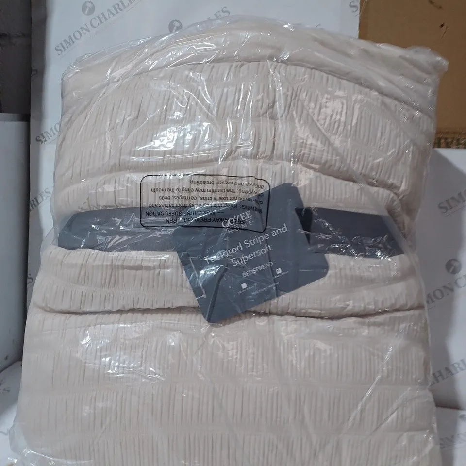 SUPERSOFT BY COZEE HOME TEXTURED STRIPE BEDSPREAD WITH CONTRAST BORDER - STONE // SIZE: 250 X 260CM 
