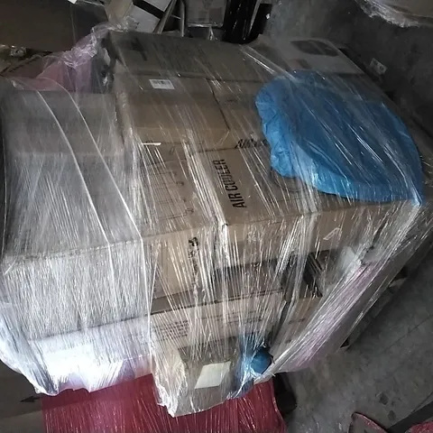 PALLET OF ASSORTED ITEMS INCLUDING AIR COOLER, POPUP TENTS, PROJECTOR SCREEN, BLACK CHAIR WITH CHAIN HANDLES