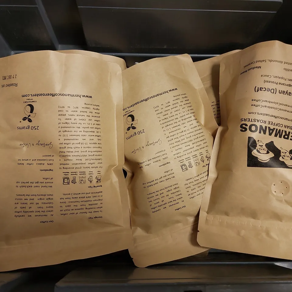 BOX OF APPROX 10 BAGS OF HERMANOS ROASTED COFFEE - DECAF AND CAFFEINATED