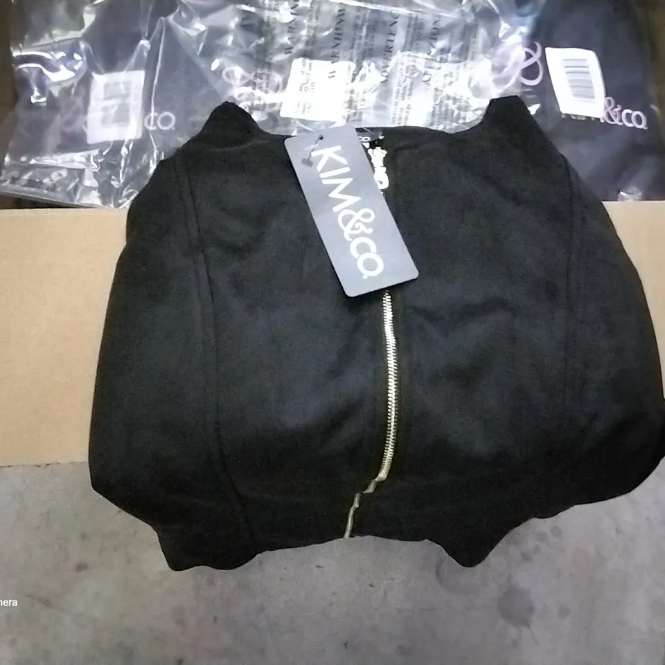 BOX OF APPROXIMATELY 30 ASSORTED BRAND NEW BAGGED KIM AND CO BLACK ZIP UP JACKETS VARIOUS SIZES