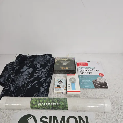 BOX OF APPROXIMATELY 15 ASSORTED ITEMS INCLUDING SHREDDER LUBRICATION SHEETS. QIUFFENBABY MINI HANDHELD FAN AND MOZART LE NOZZE DI FIGARO