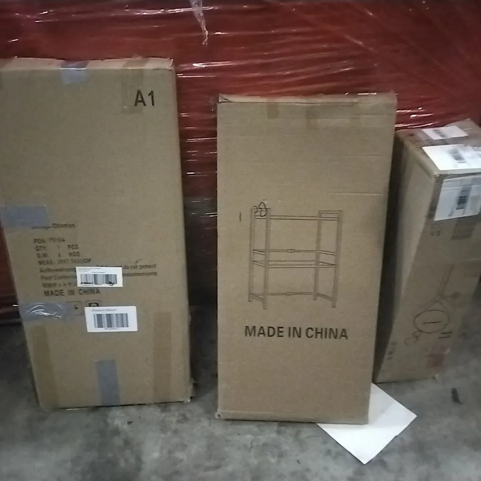 PALLET OF ASSORTED PRODUCTS AND HOUSEHOLD GOODS TO INCLUDE;CEILING FAN,STORAGE OTTOMAN,CLOTHES RAIL
