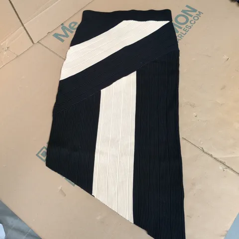 REISS JESS KNITTED COLOURBLOCK ASYMMETRIC MIDI SKIRT – BLACK & BEIGE, SIZE S