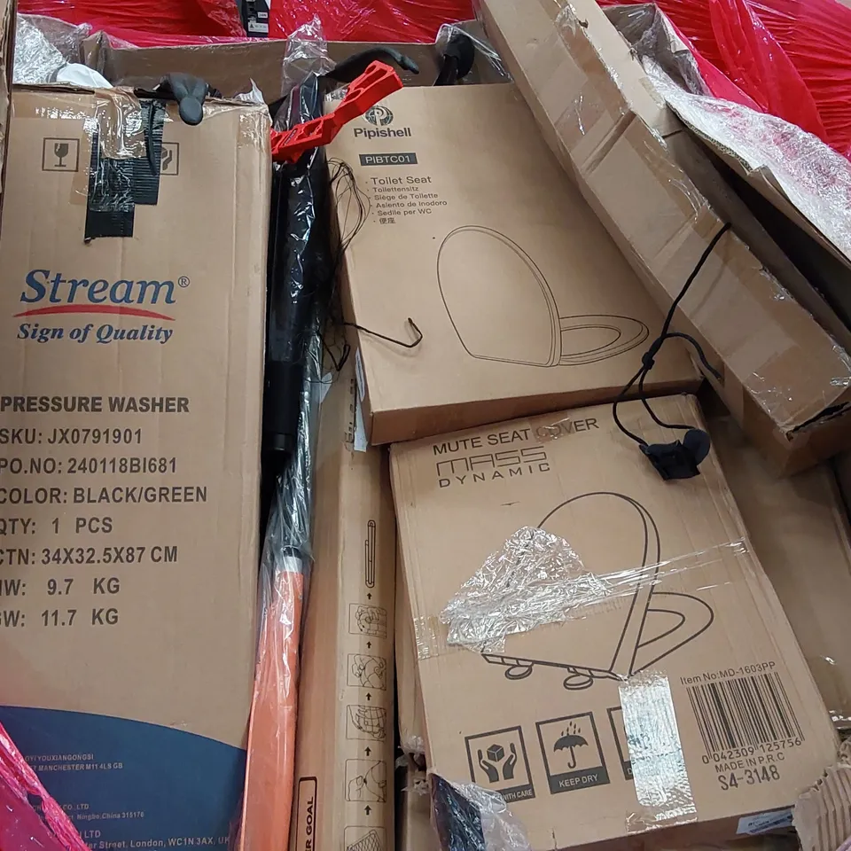 PALLET OF ASSORTED CONSUMER PRODUCTS TO INCLUDE: PRESSURE WASHER, FOLDING SOCCER GOAL, TOILET SEAT ECT