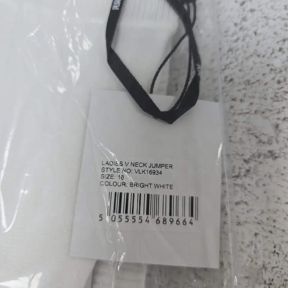 PURE & NATURAL LADIES V-NECK JUMPER – BRIGHT WHITE – UK 16
