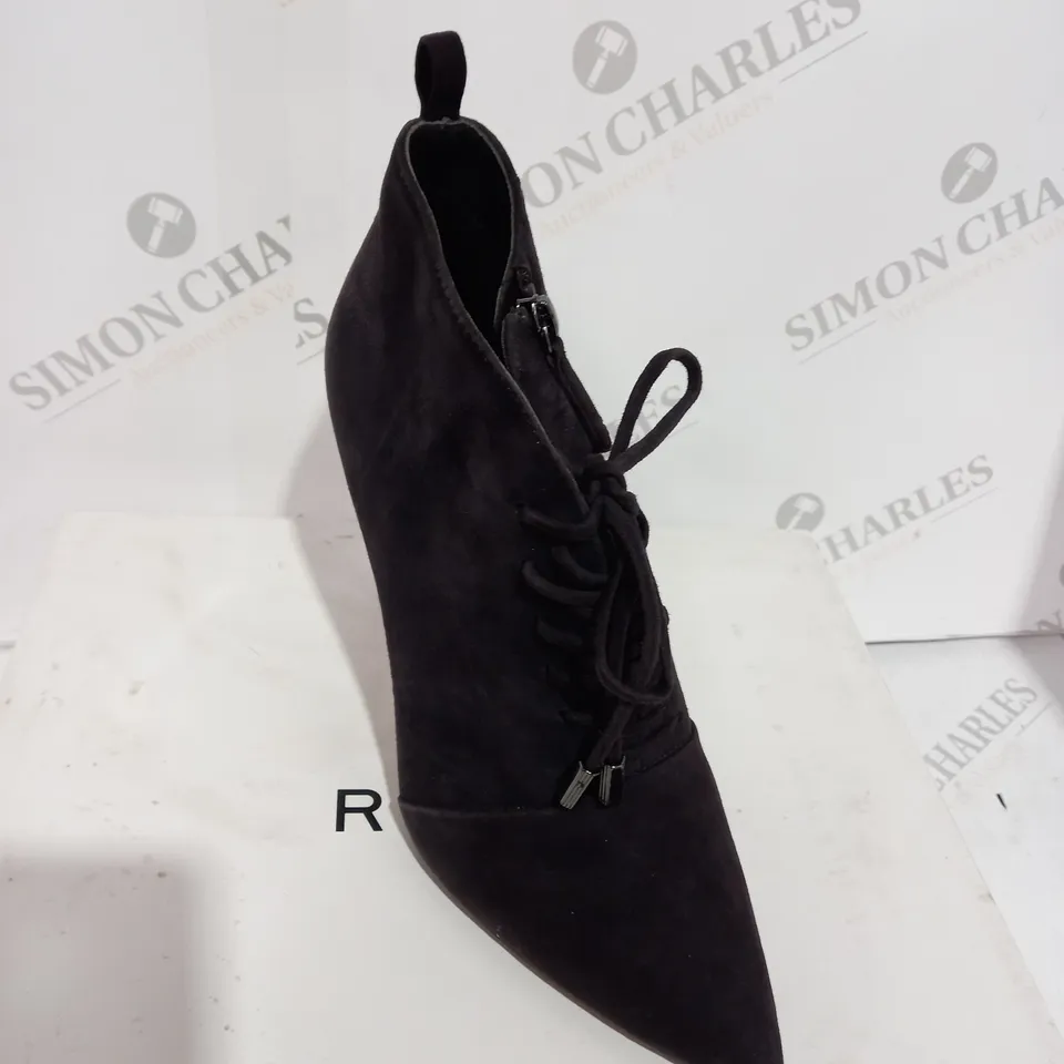 BOXED REISS SUEDE CHOCOLATE BOOT HEELS - SIZE 6