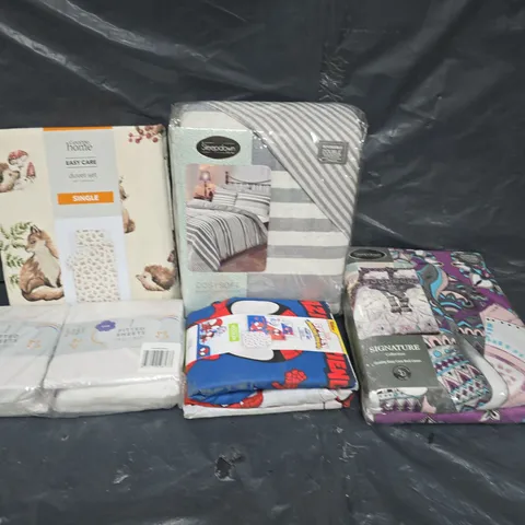 LARGE BOX OF ASSORTED HOMEWARE ITEMS TO INCLUDE DUVET SETS, FITTED SHEETS AND BIRTHDAY CARDS