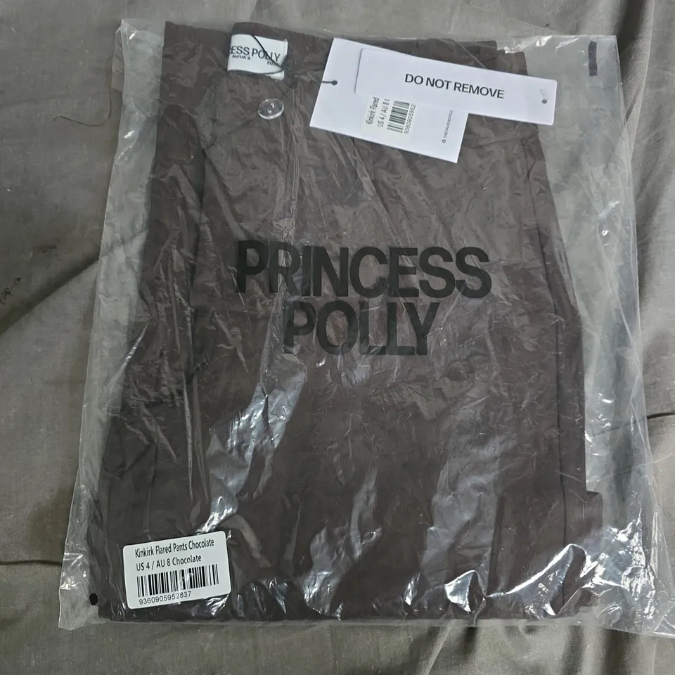 BAGGED PRINCESS POLLY KINKIRK FLARED PANTS IN CHOCOLATE - US 4