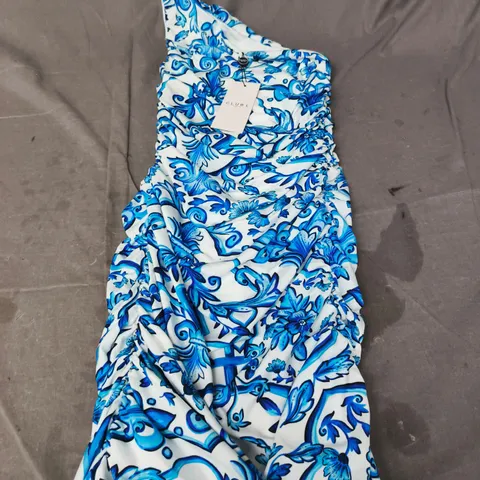 CLUB L LONDON LATE NIGHT BLUE PORCELAIN PRINT ONE-SHOULDER RUCHED MIDI DRESS UK8