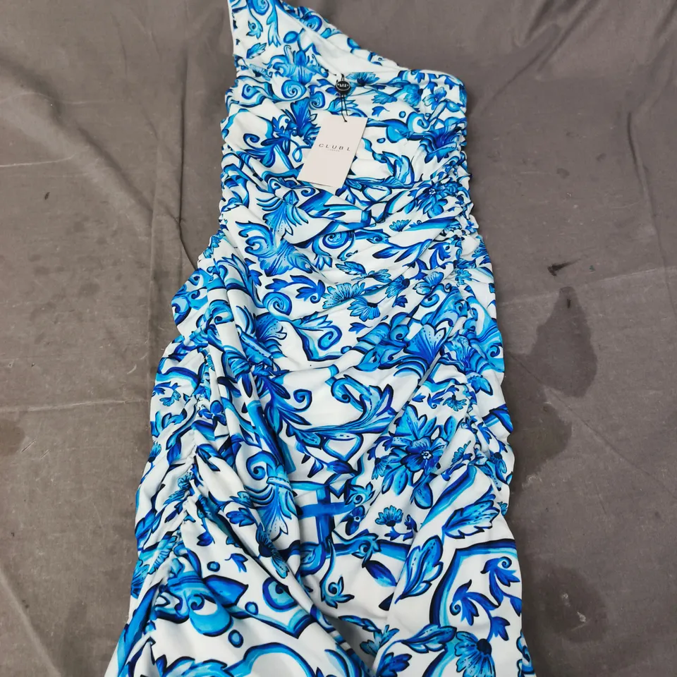 CLUB L LONDON LATE NIGHT BLUE PORCELAIN PRINT ONE-SHOULDER RUCHED MIDI DRESS UK8