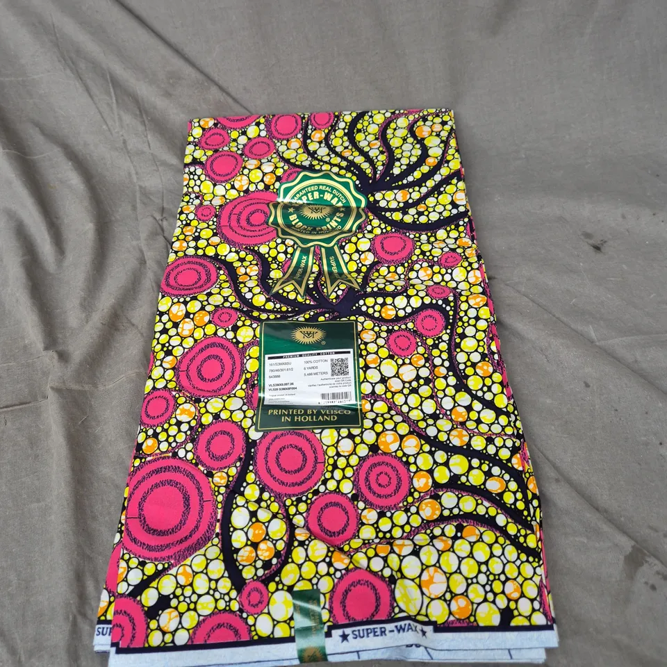 VLISCO PREMIUM SUPER-WAX WAX COTTON FABRIC – PINK & YELLOW PRINT, 6 YARDS, PRINTED IN HOLLAND
