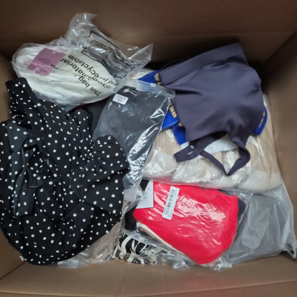 LARGE BOX OF ASSORTED CLOTHING ITEMS IN VARIOUS SIZES, STYLES AND COLOUR  TO INCLUDE SWEATERS, PANTS, DRESS, ETC