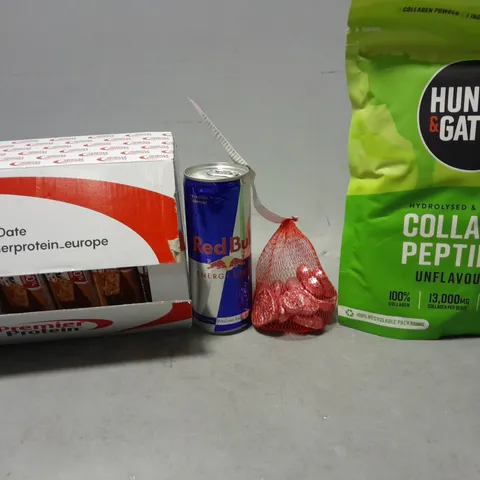 TOTE OF APPROXIMATELY 12 ASSORTED FOOD ITEMS TO INCLUDE - RED BULL , HUNTER & GATHER COLLAGEN PEPTIDES ETC