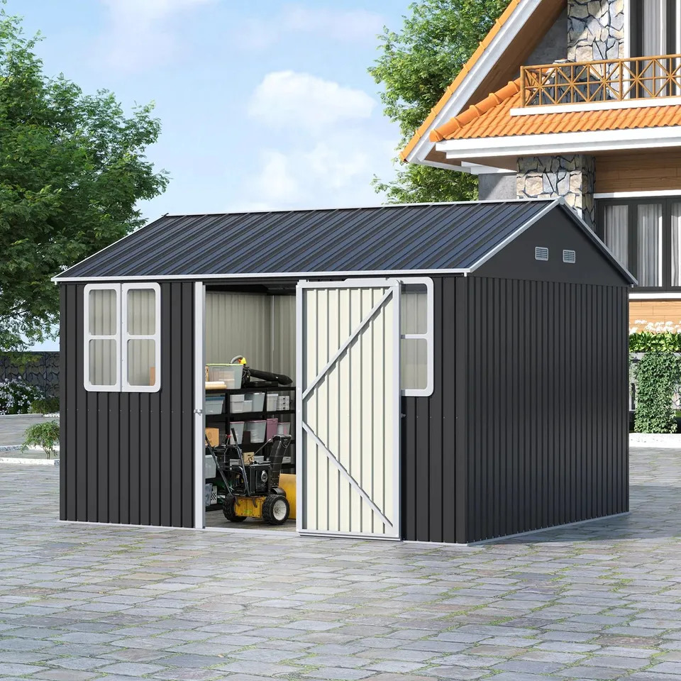 BOXED LIVING AND HOME 12FT W 10FT D METAL APEX ROOF GARDEN TOOL SHED - ANTHRACITE (3 BOXES)