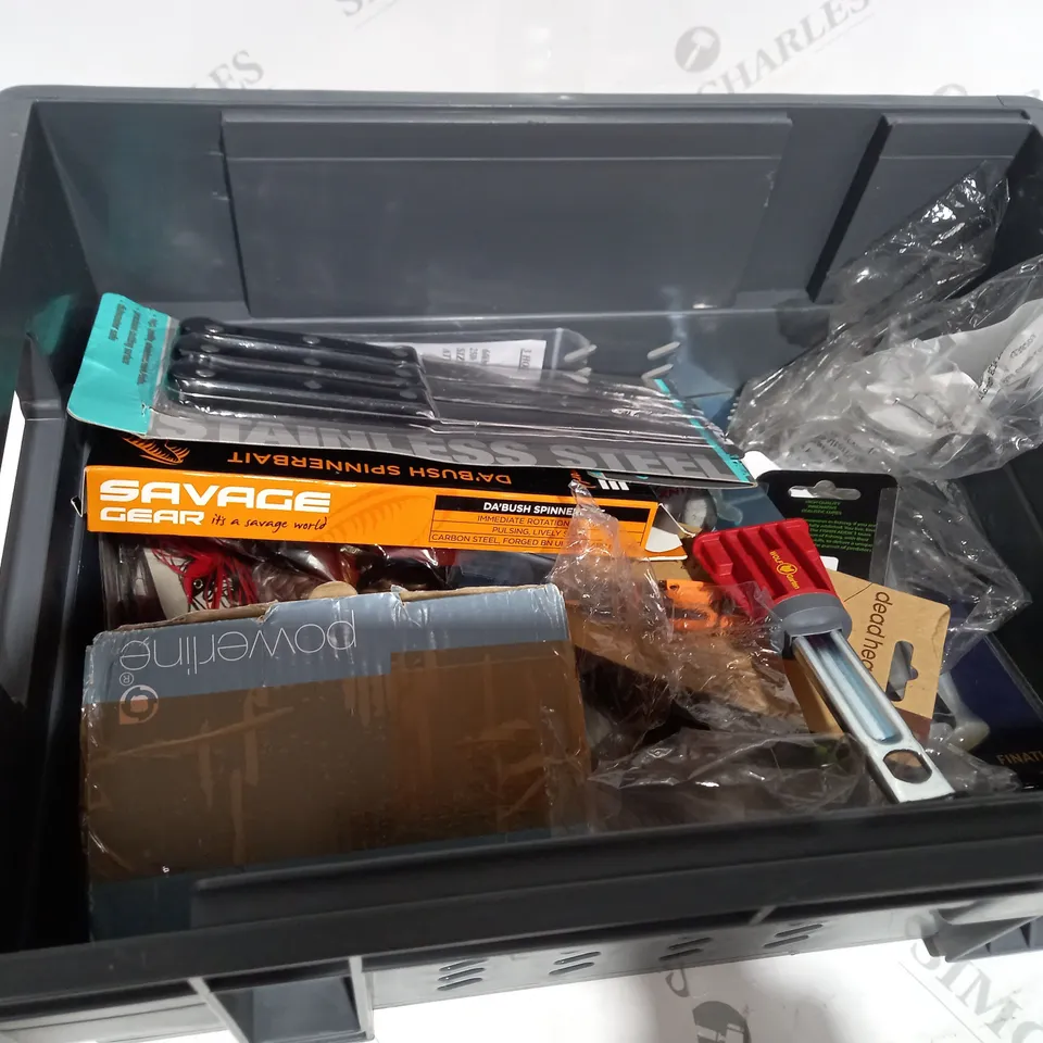 box of assorted items approximately 15 to include knife set, high quality fishing lures, dead head plant snipz etc