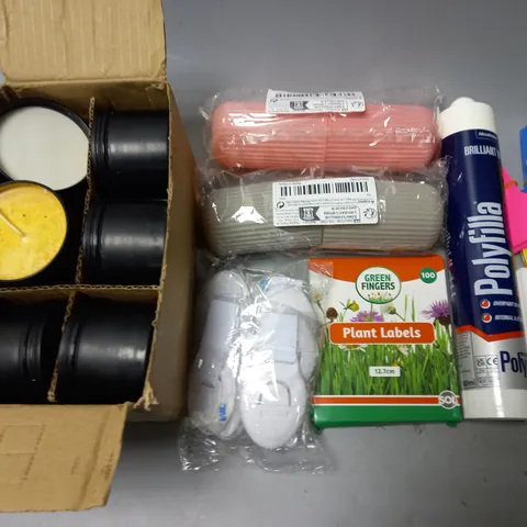 LOT OF ASSORTED HOUSEHOLD ITEMS TO INCLUDE PLANT LABELS, HANDMADE CANDLES, DECORATORS CAULK AND WOODEN STICKS