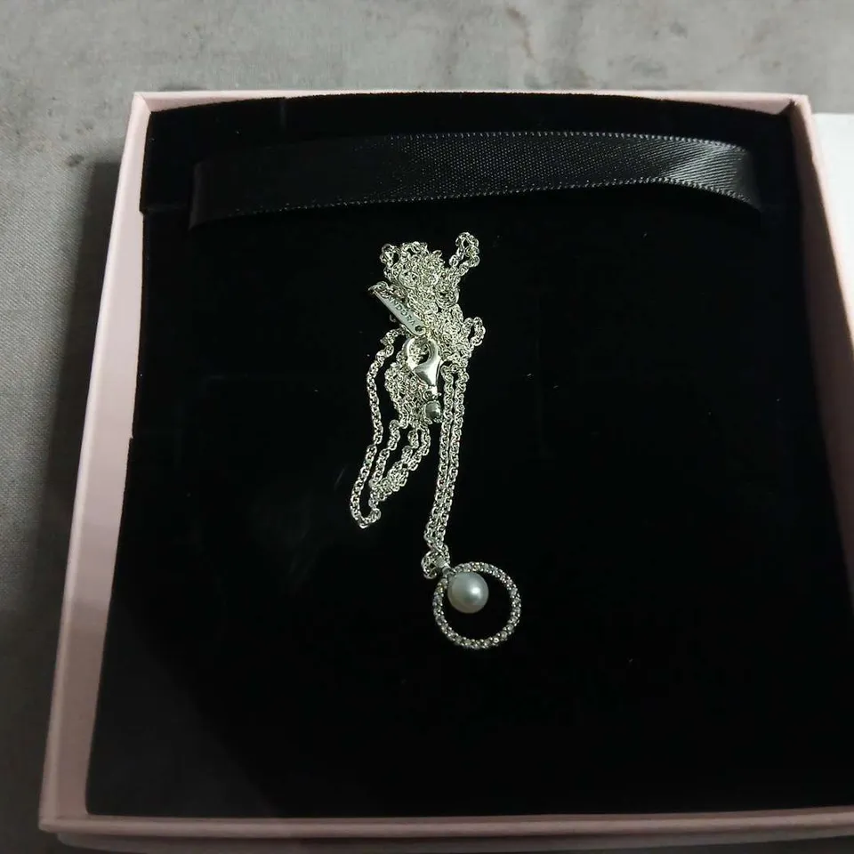 PANDORA SILVER NECKLACE WITH PEARL DROP PENDANT – BOXED