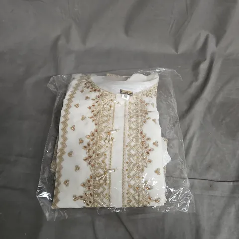 EMBROIDERED WHITE TUNIC WITH GOLD BEADING – SIZE M