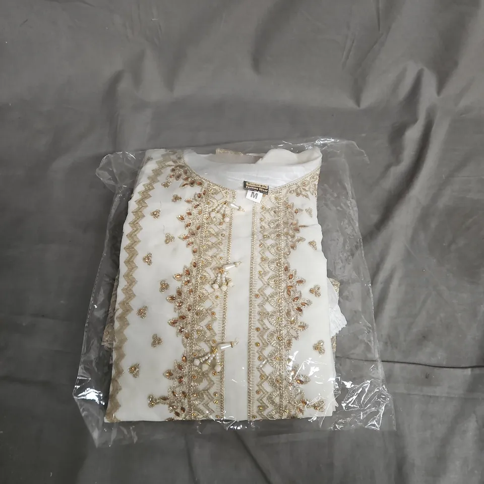 EMBROIDERED WHITE TUNIC WITH GOLD BEADING – SIZE M