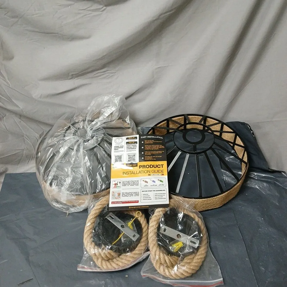 2 X DC VOLTAGE RUSTIC STYLE WOVEN ROPE CEILING LAMP SHADES WITH HANGING ROPE, BULBS INCLUDED. BOXED