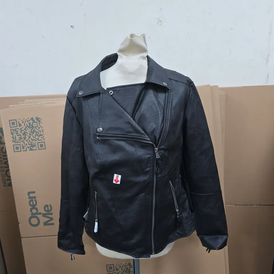 BONPRIX BLACK FAUX LEATHER BIKER JACKET – UK SIZE 16