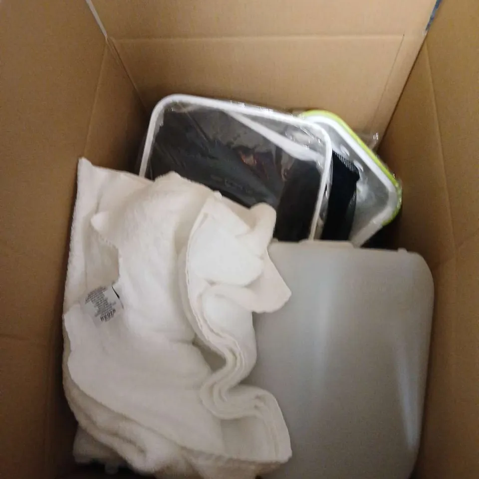 BOX OF ASSORTED HOUSEHOLD ITEMS INCLUDING TABLET CASE AND HENRY VACUUM BAGS