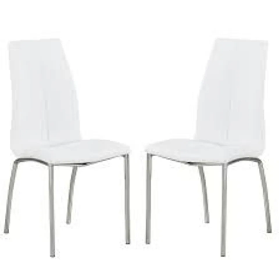 BRAND NEW BOXED SET OF 4 OPAL DINING CHAIRS IN WHITE FAUX LEATHER WITH CHROME BASE (1 BOX)