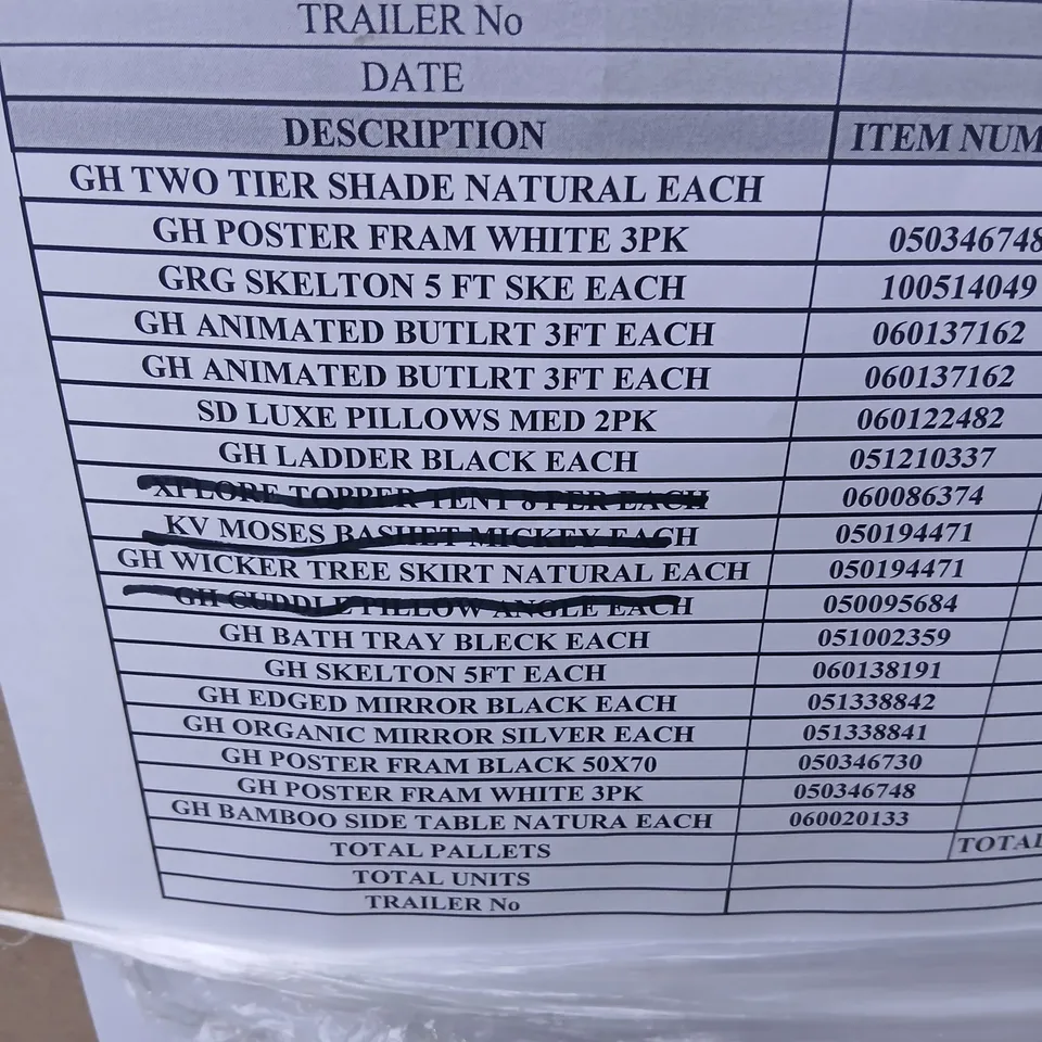 PALLET OF APPROXIMATELY 14 ASSORTED PRODUCTS TO INCLUDE; TWO TIER SHADE, POSTER FRAME, ORGANIC MIRROR, BAMBOO SIDE TABLE AND SKELETON 5FT