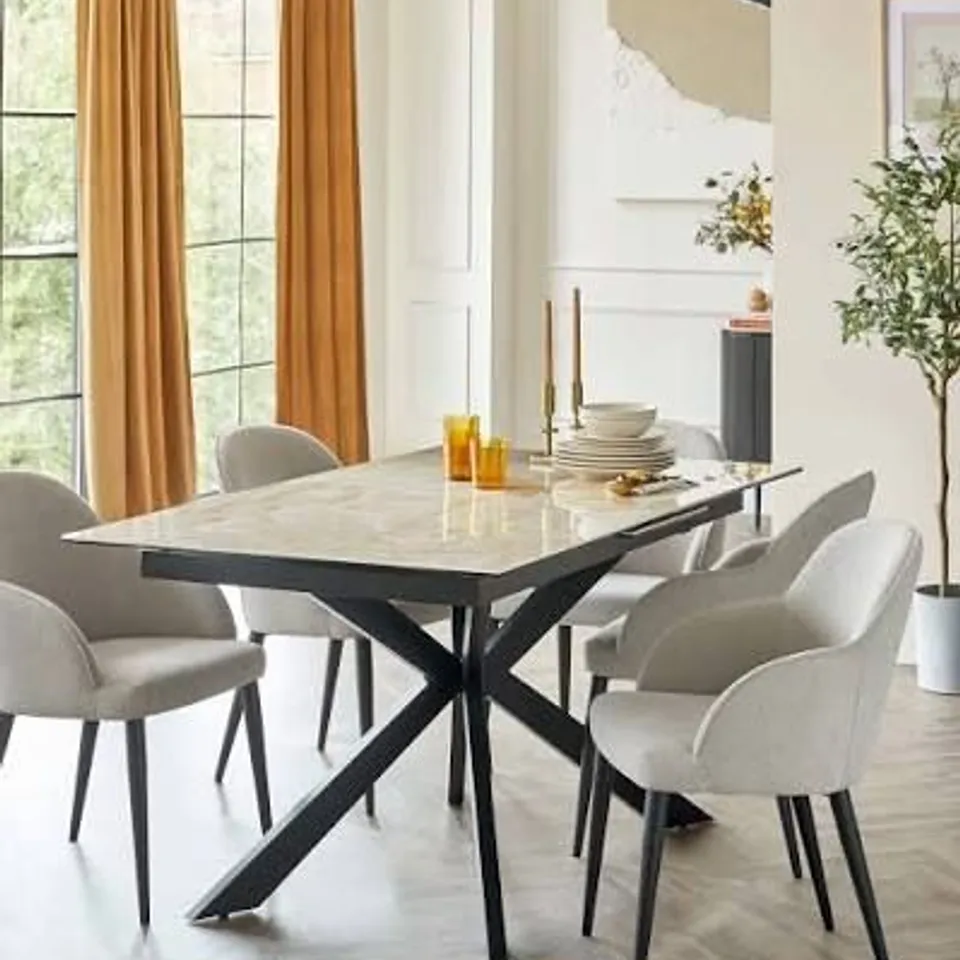 BOXED DANETTI HAYDEN 6-8 SEATER EXTENDING DINING TABLE, NATURAL CERAMIC WITH BLACK METAL (2 BOXES)