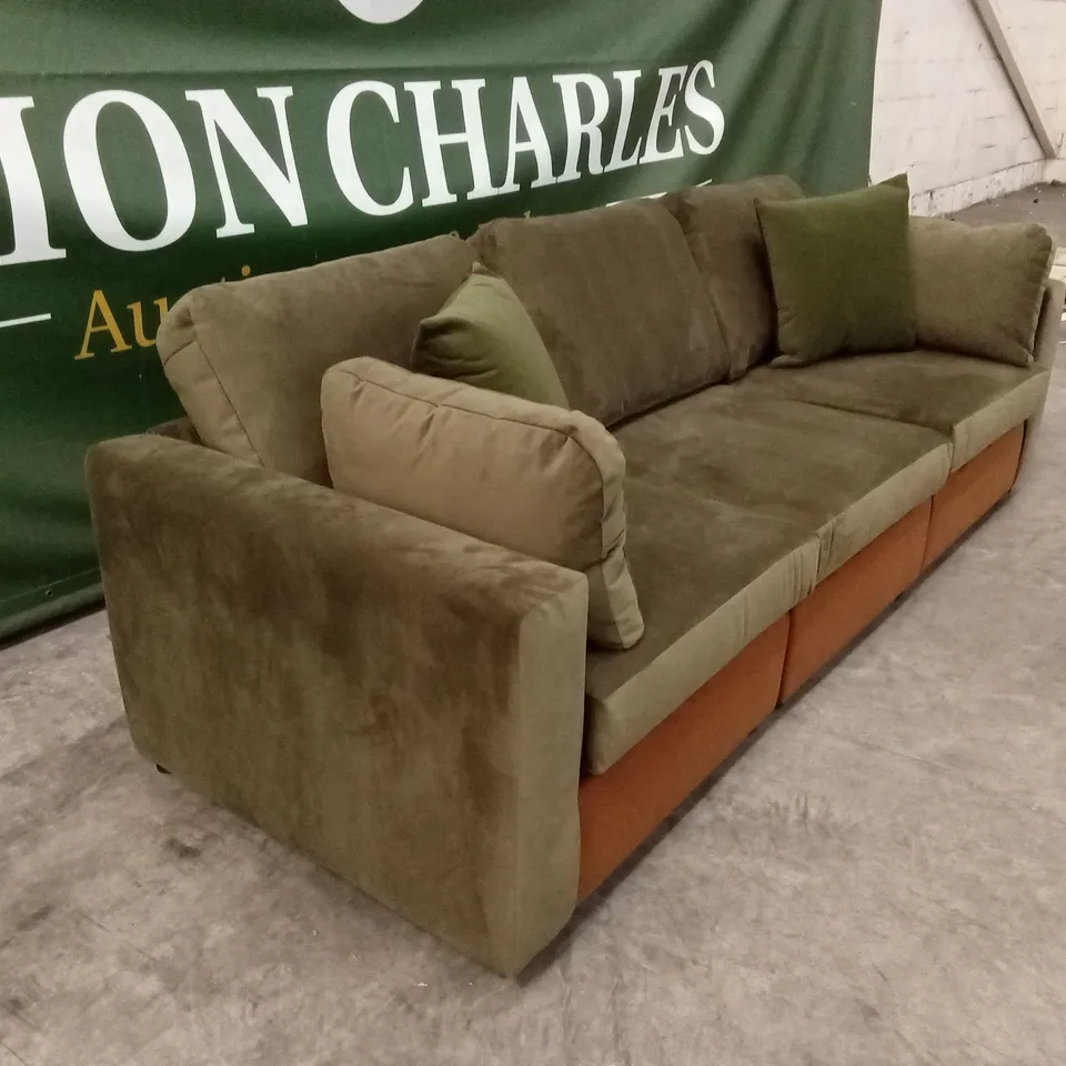 DESIGNER 3 SEATER VELVET SOFA - OLIVE GREEN/RUST