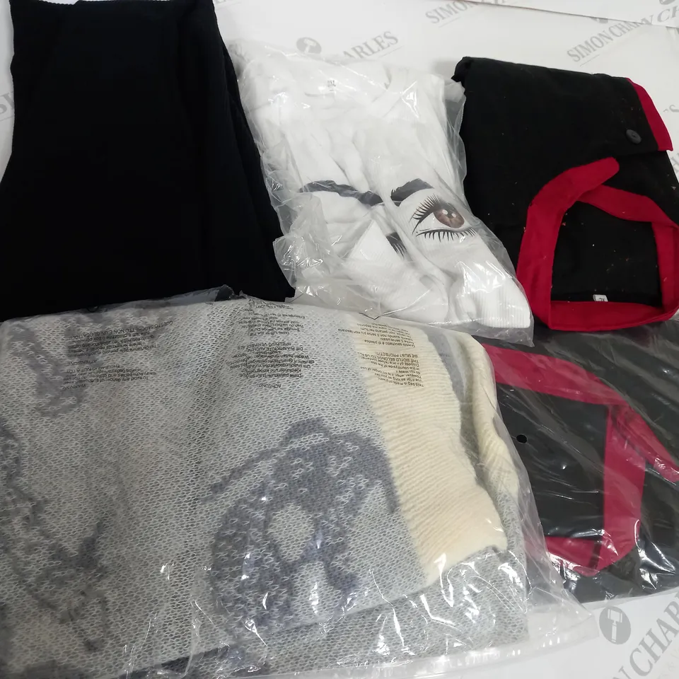 BOX OF APPROX. 50 ASSORTED CLOTHING VARYING IN SIZE/COLOUR/STYLE TO INCLUDE:  TOPS, TROUSERS, JUMPERS