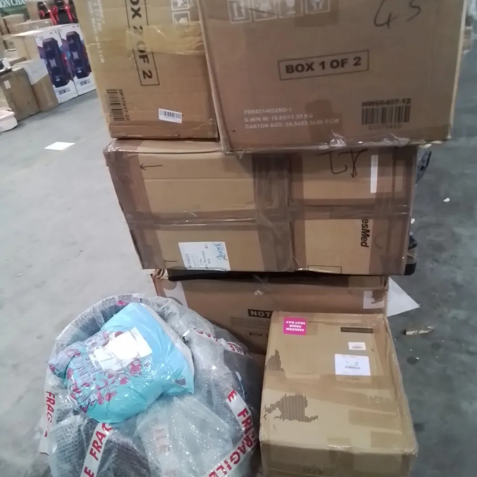 PALLET CONTAINING VARIOUS INCOMPLETE BOXED FURNITURE PARTS AND OTHER HOUSEHOLD ITEMS ETC.