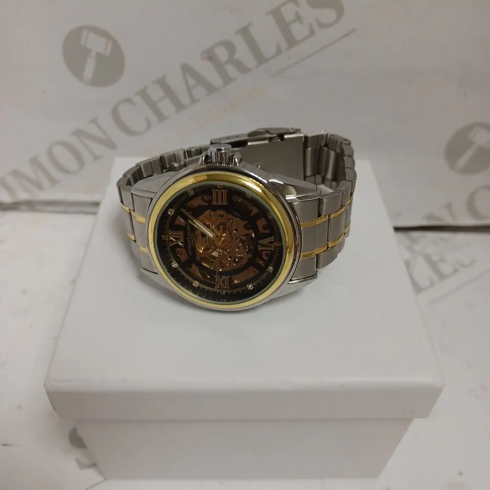 BOXED ANTHONY JAMES WATCH - TWO TONE STAINLESS STEEL - AUTOMATIC - SKELETON FACE - WATER RESISTANT. 