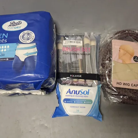 APPROXIMATELY 6 ASSORTED COSMETIC PRODUCTS TO INCLUDE - ANUSOL CLEANING WIPES , BRUSH SET , HD WIG CAP ETC