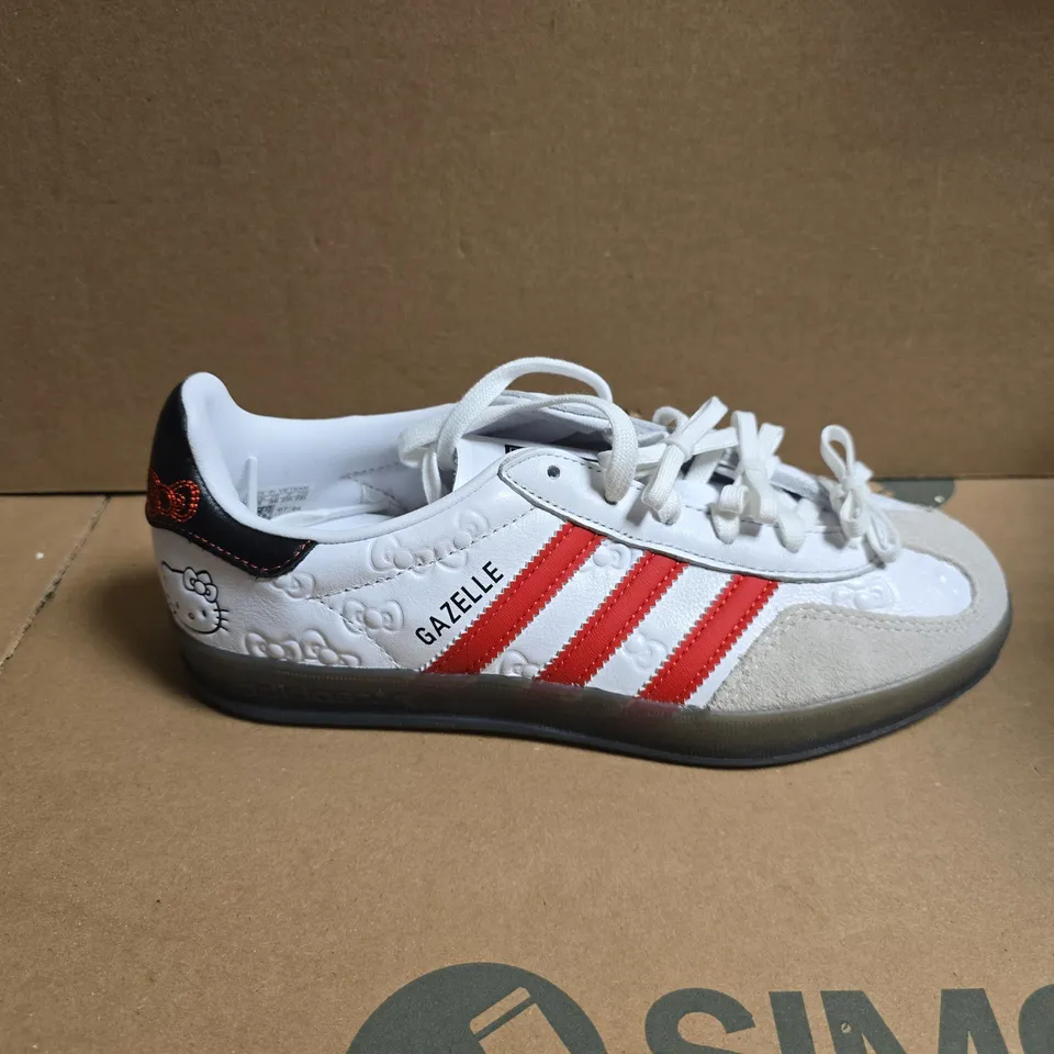 ADIDAS GAZELLE 50TH HELLO KITTY ANNIVERSARY SNEAKERS – WHITE LEATHER WITH RED STRIPES - UK 5