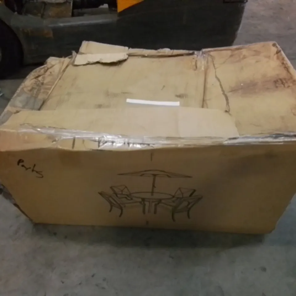 BOXED NICE 6 PIECE CUSHIONED DINING SET IN GREY - PARTS ONLY (INCOMPLETE, BOX 3 OF 3 ONLY)