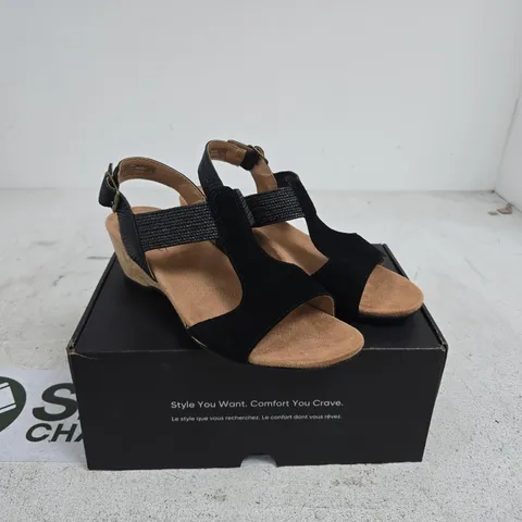 WOMEN'S BLACK SUEDE SANDALS WITH ANKLE BUCKLE – BOXED SIZE 6