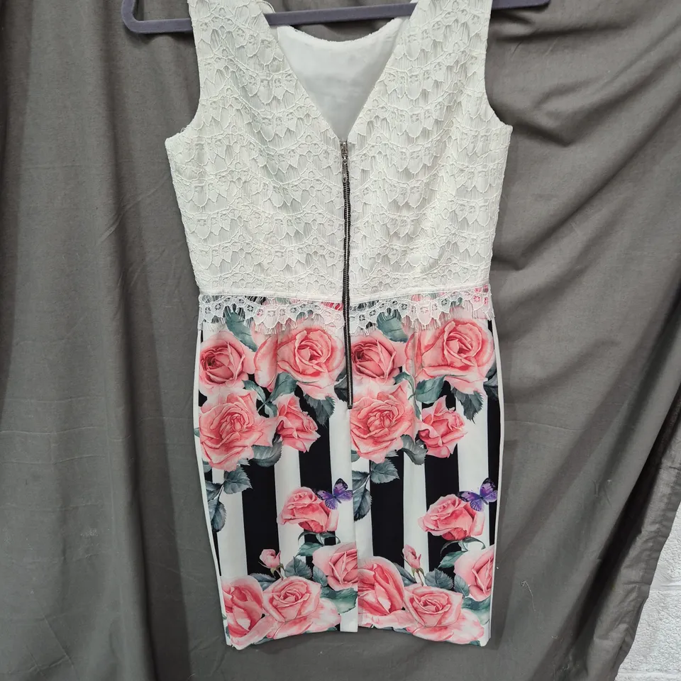 MICHAELA LOUISA SLEEVELESS LACE BODICE DRESS WITH FLORAL ROSE PRINT PANEL-NO SIZE SPECIFIED