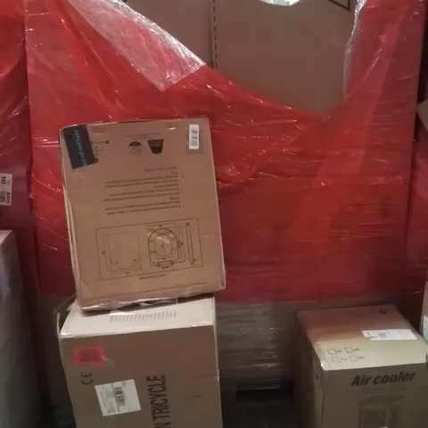PALLET OF ASSORTED HOUSEHOLD GOODS AND PRODUCTS TO INCLUDE;CHILDREN'S TRICYCLE,TOILET SEAT,AIR COOLER