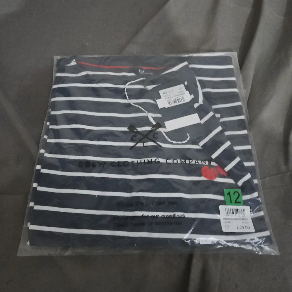 CREW CLOTHING COMPANY EMBROIDERED BRETON TOP – NAVY/WHITE STRIPES, CHERRY, UK SIZE 12