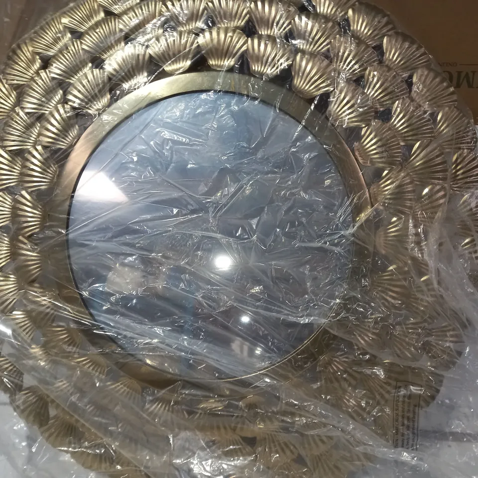 ALISON CORK ROUND EMBOSSED SCALLOP SHELL WALL MIRROR GOLD