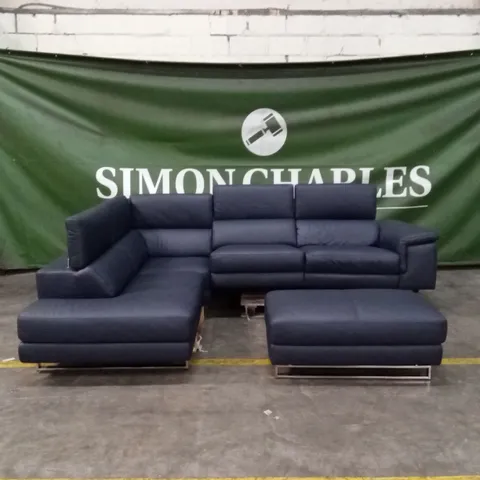 QUALITY DESIGNER ITALIAN MADE CARLO ELECTRIC RECLINING LEATHER CORNER SOFA WITH FOOTSTOOL - BLUE