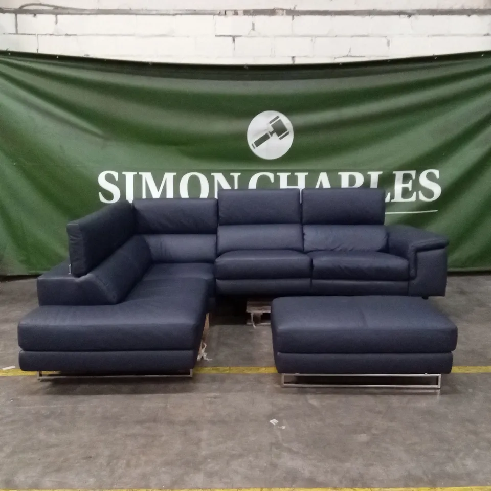 QUALITY DESIGNER ITALIAN MADE CARLO ELECTRIC RECLINING LEATHER CORNER SOFA WITH FOOTSTOOL - BLUE