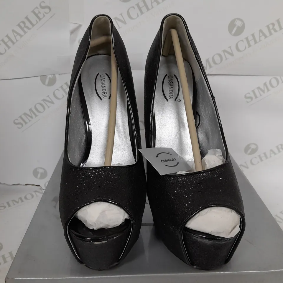 BOXED PAIR OF CASANDRA OPEN TOE HEELS IN BLACK GLITTER - SIZE 38